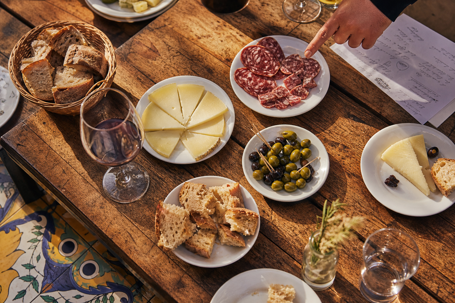 Gedeckter Verkostungstisch einer Food-Tour mit Käse, Salami, Oliven, Brot und Rotwein, eine Hand zeigt auf einen Teller