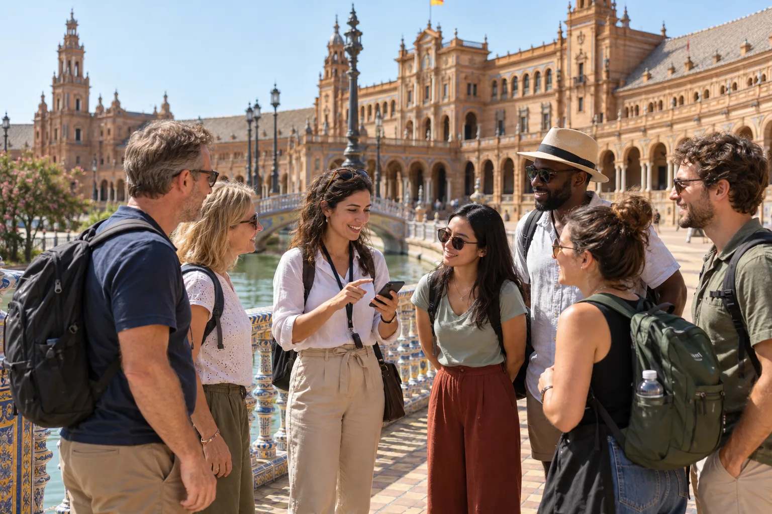 Guía turística con un pequeño grupo de viajeros en la Plaza de España de Sevilla, consultando la lista en el móvil
