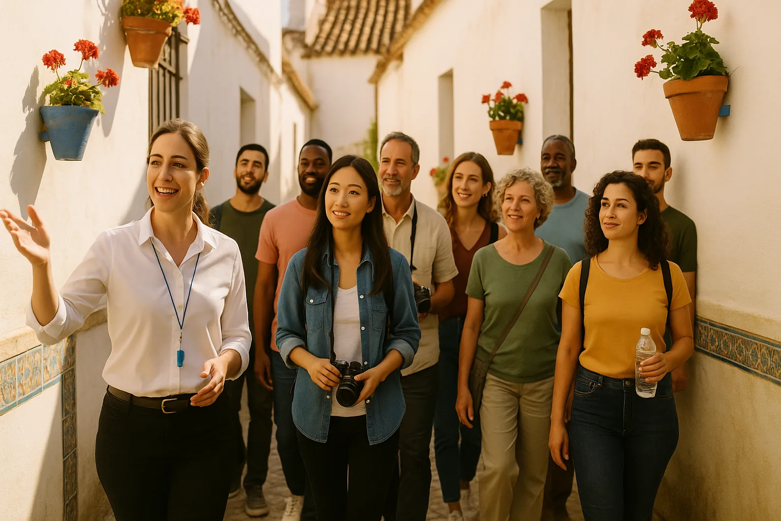 Guía turística española con grupo de turistas en una calle típica mediterránea