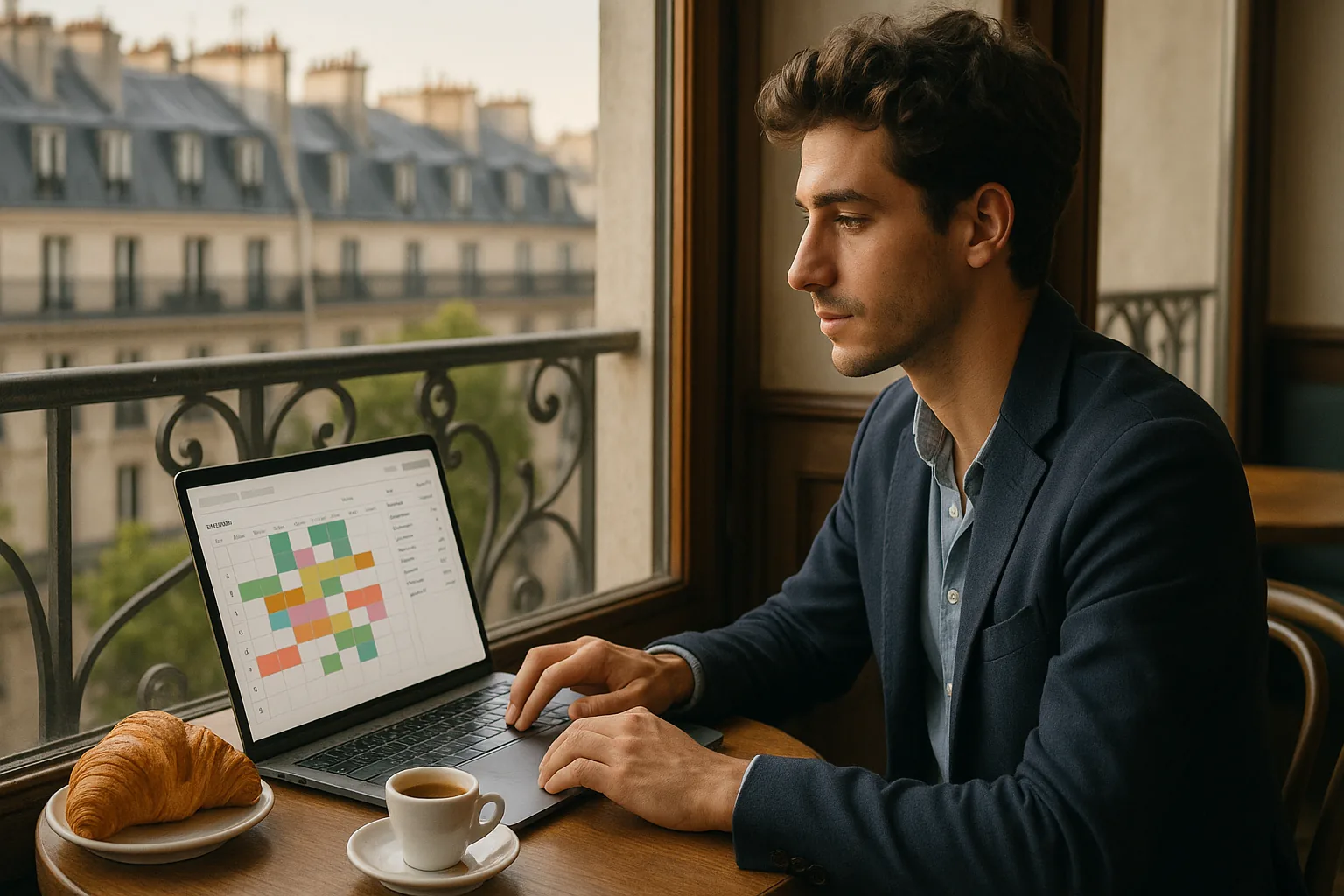 Opérateur touristique gérant ses réservations sur un ordinateur portable dans un café parisien