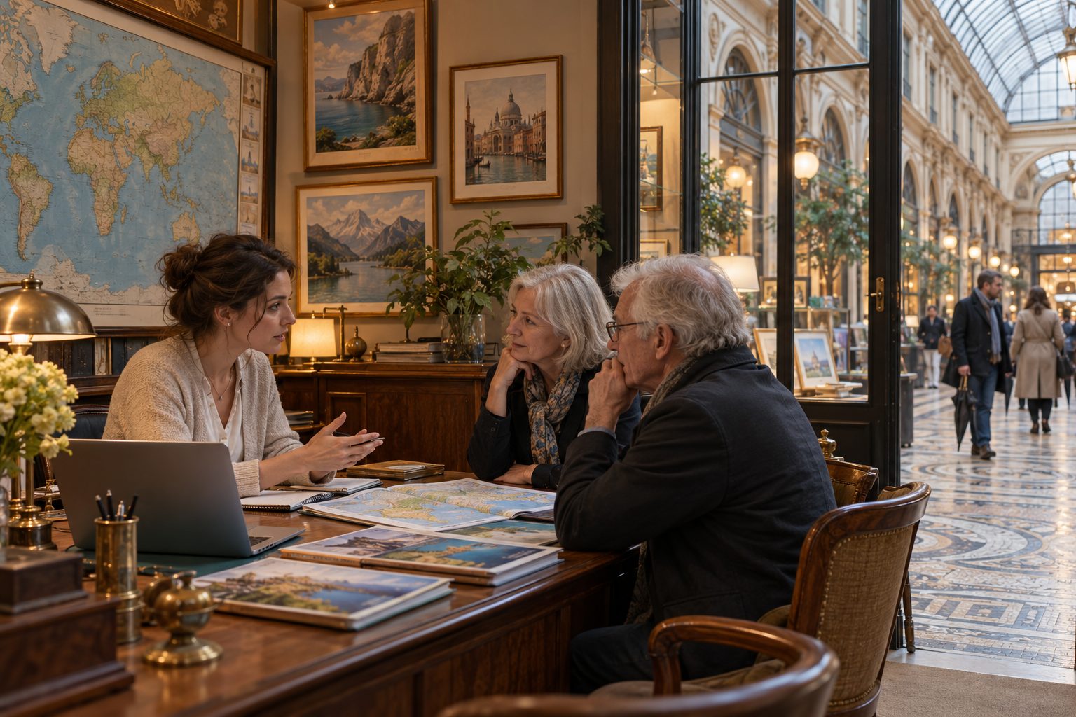Une conseillère d'une petite agence de voyage de la galerie Vivienne à Paris prépare un itinéraire avec un couple de retraités