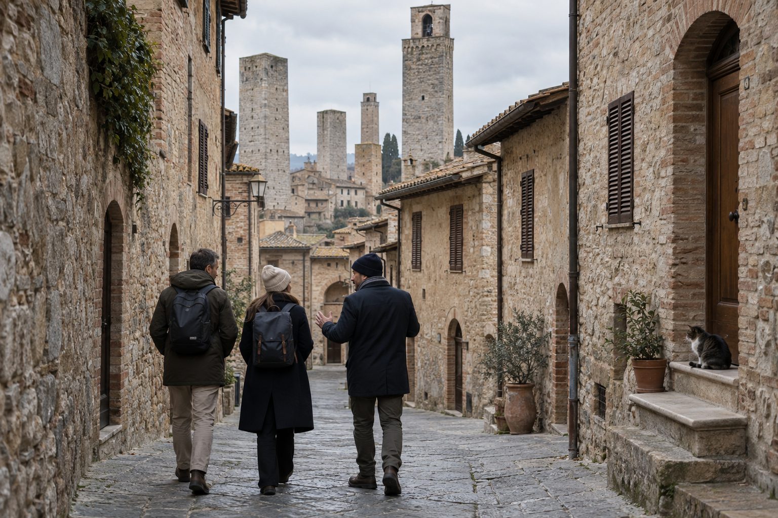 Una guida accompagna due viaggiatori in un vicolo deserto di San Gimignano in una mattina nuvolosa di bassa stagione