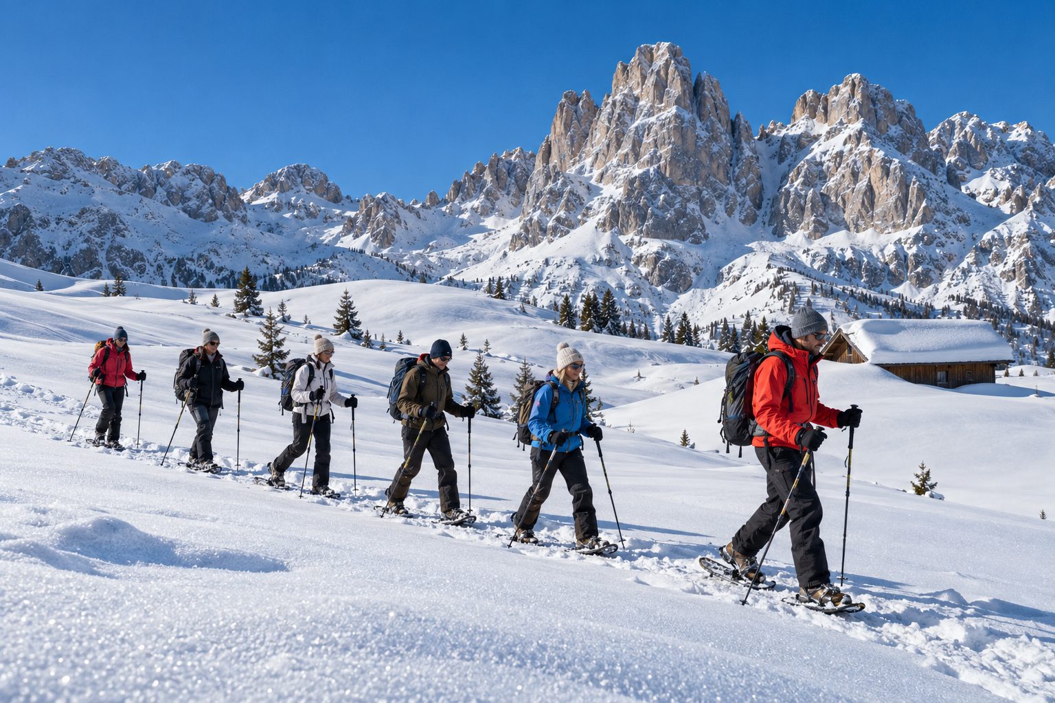 Guida alpina accompagna un gruppo con le ciaspole su un pendio innevato delle Dolomiti in una giornata di sole