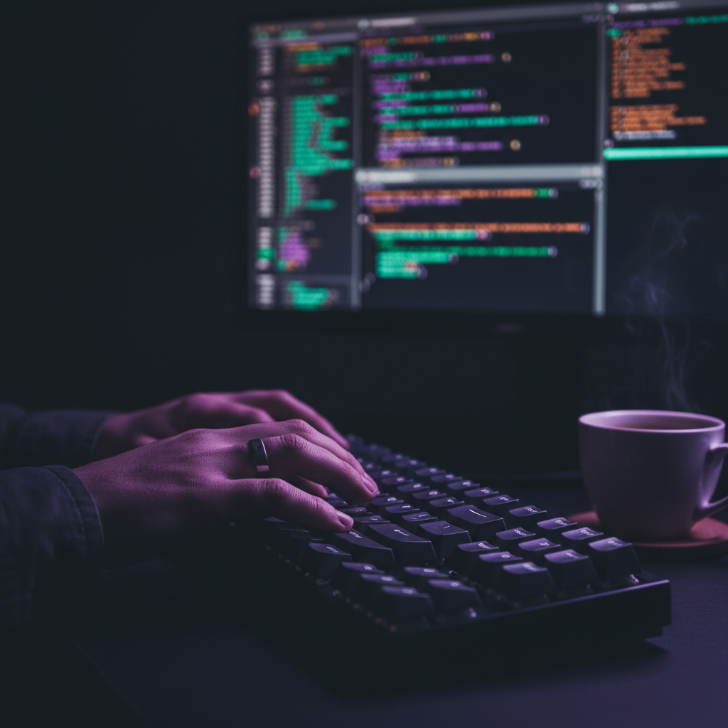 Developer's hands typing on a mechanical keyboard, terminal windows glowing in the background