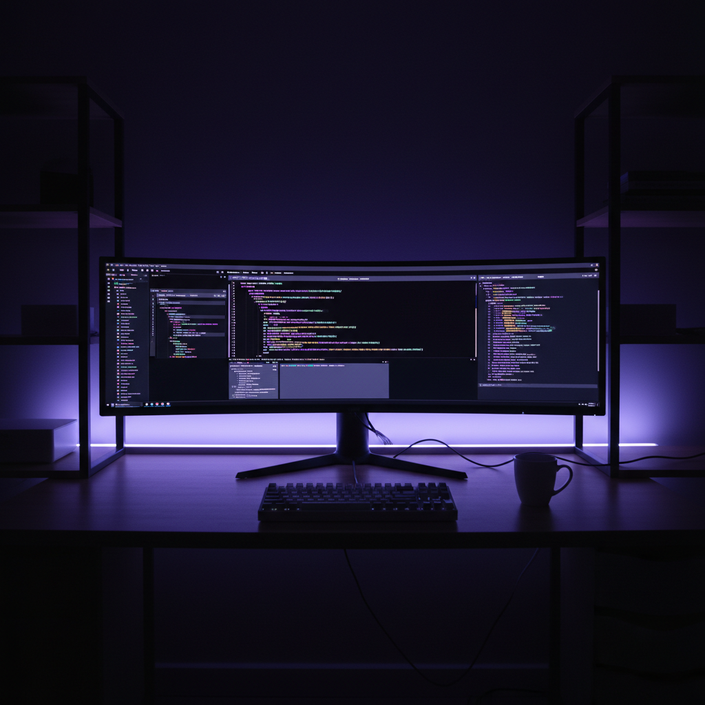 Developer workspace at night — ultrawide monitor with terminal sessions