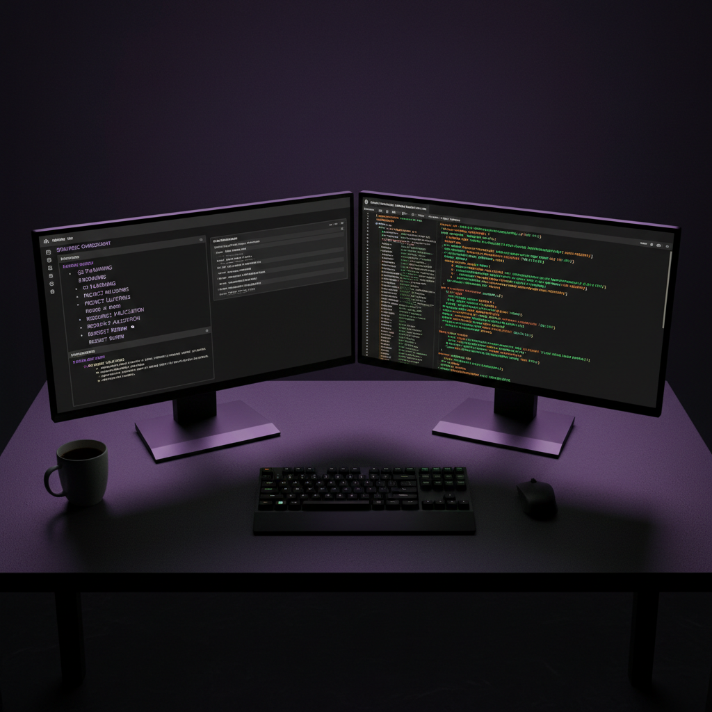 Two monitors side by side — left showing strategic overview, right showing active code execution