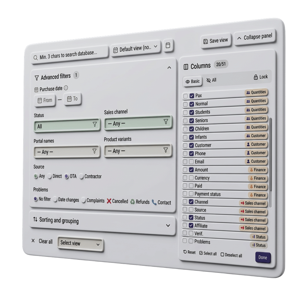 Customizable booking table with column picker
