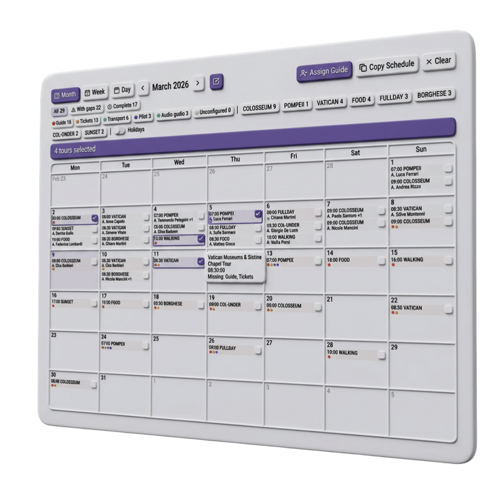 Tour operations calendar panel