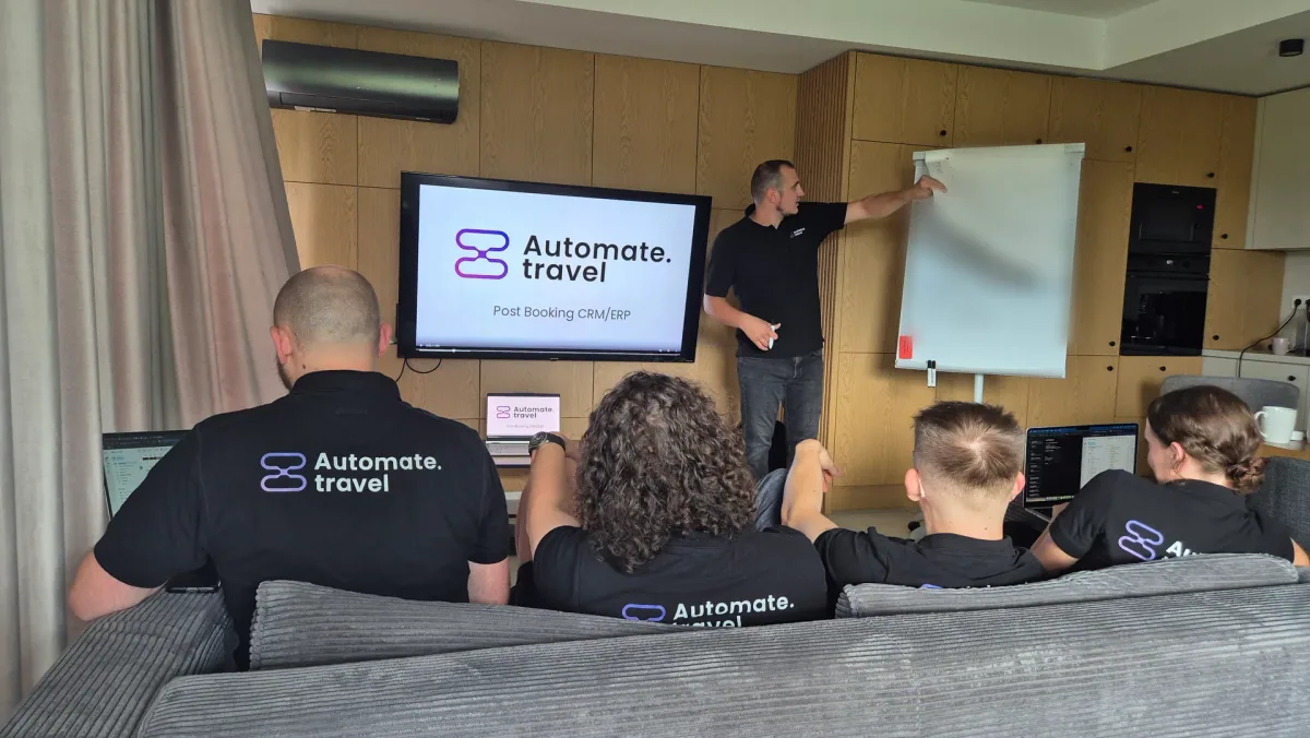 Krzysztof presenting to the Automate Travel team at our team workshop in Kraków, seen from behind the team
